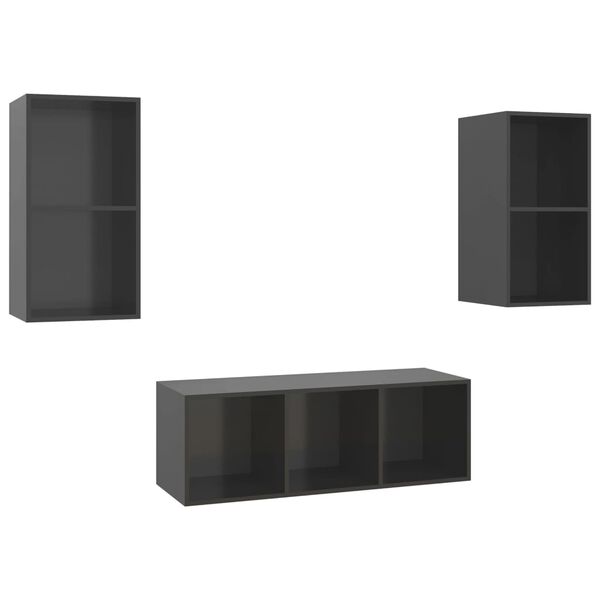 vidaXL 3 Piece TV Cabinet Set High Gloss Grey Engineered Wood