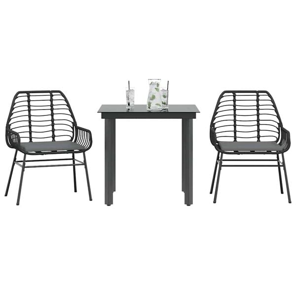 vidaXL 3 Piece Garden Dining Set with Cushions Black Poly Rattan Glass