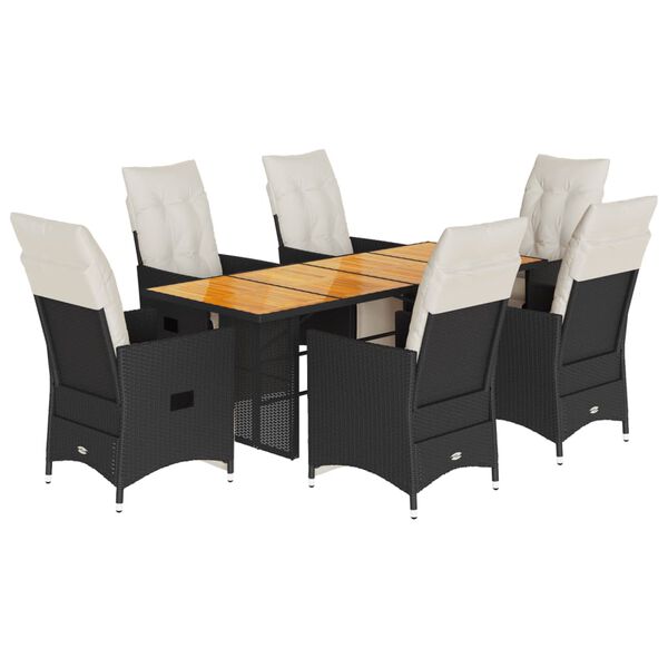 vidaXL 7 Piece Garden Dining Set with Cushions Black Poly Rattan