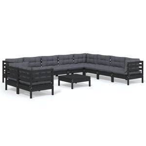 vidaXL 11 Piece Garden Lounge Set with Cushions Black Solid Pinewood