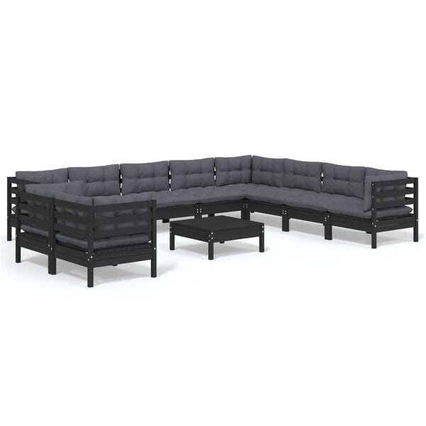 vidaXL 11 Piece Garden Lounge Set with Cushions Black Solid Pinewood