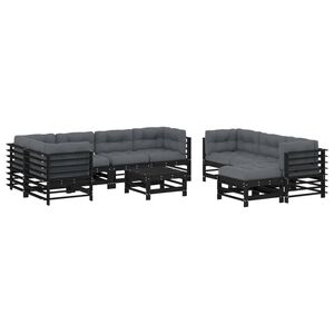 vidaXL 10 Piece Garden Lounge Set with Cushions Black Solid Wood