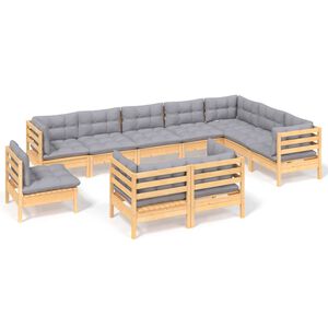 vidaXL 10 Piece Garden Lounge Set with Grey Cushions Solid Pinewood