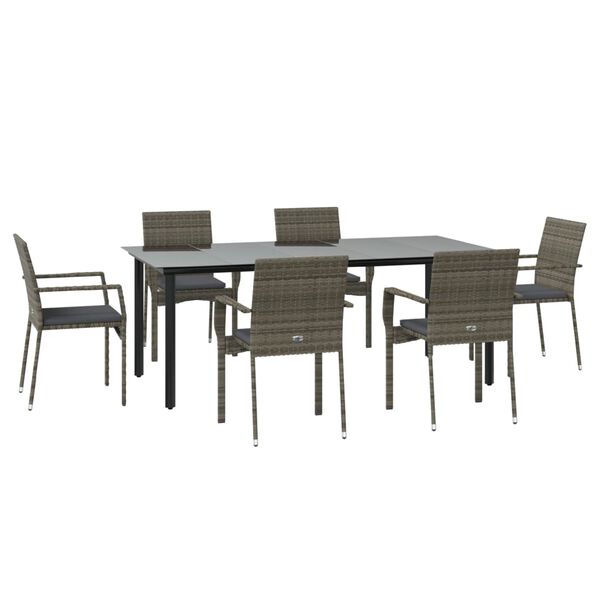 vidaXL 7 Piece Garden Dining Set with Cushions Black and Grey Poly Rattan