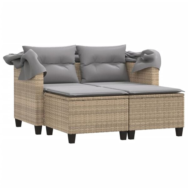 vidaXL Garden Sofa 2-Seater with Canopy and Stools Beige Poly Rattan