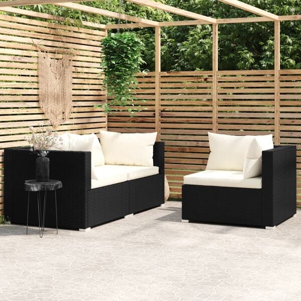 vidaXL 3 Piece Garden Lounge Set with Cushions Black Poly Rattan
