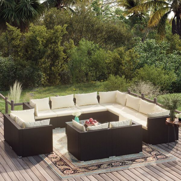 vidaXL 12 Piece Garden Lounge Set with Cushions Black Poly Rattan