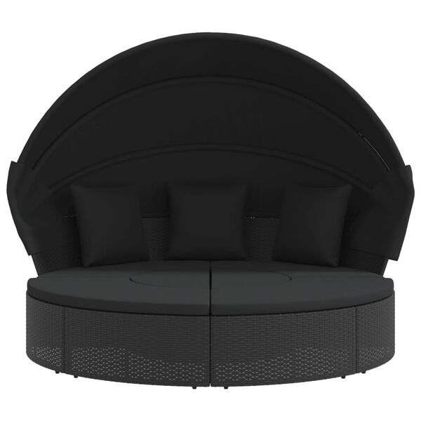 vidaXL Outdoor Lounge Bed with Canopy and Cushions Black Poly Rattan