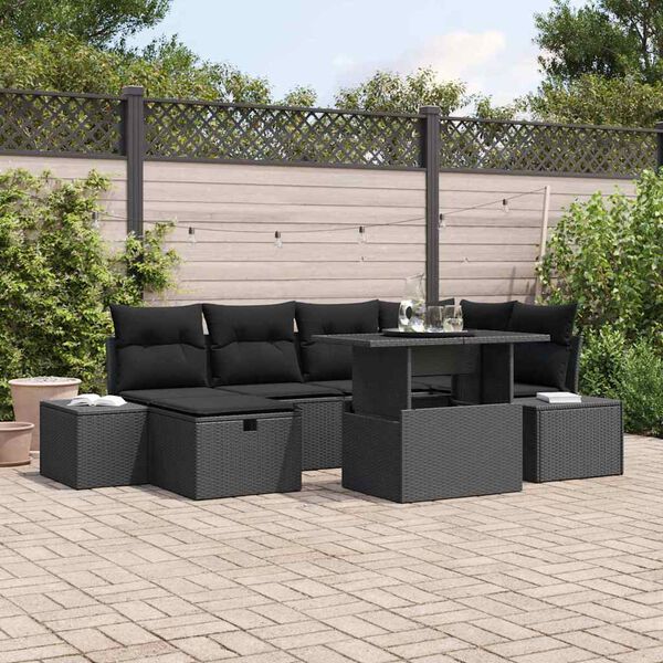vidaXL Garden Sofa Set Height-Adjustable 7 pcs Black Poly Rattan