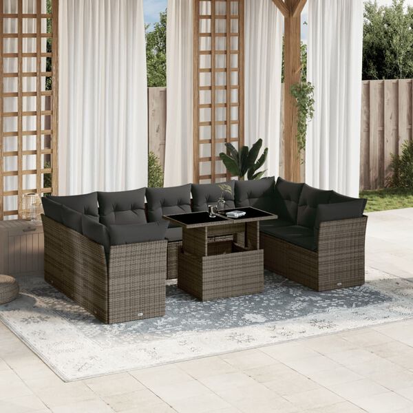 vidaXL 10 Piece Garden Sofa Set with Cushions Grey Poly Rattan