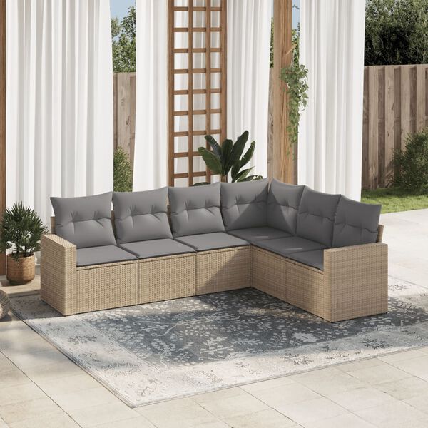 vidaXL 6 Piece Garden Sofa Set with Cushions Beige Poly Rattan