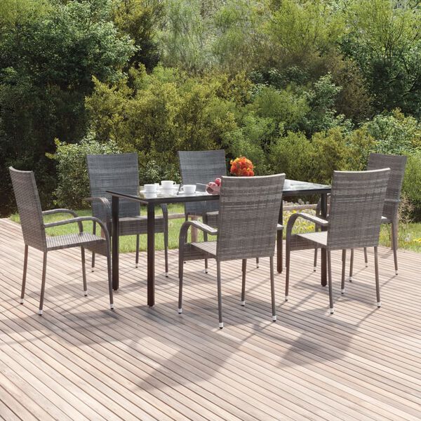 vidaXL 7 Piece Garden Dining Set Grey Poly Rattan