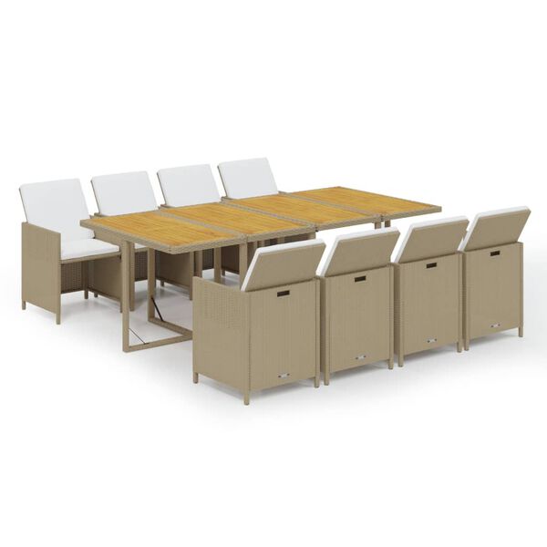 vidaXL 9 Piece Garden Dining Set with Cushions Poly Rattan Beige