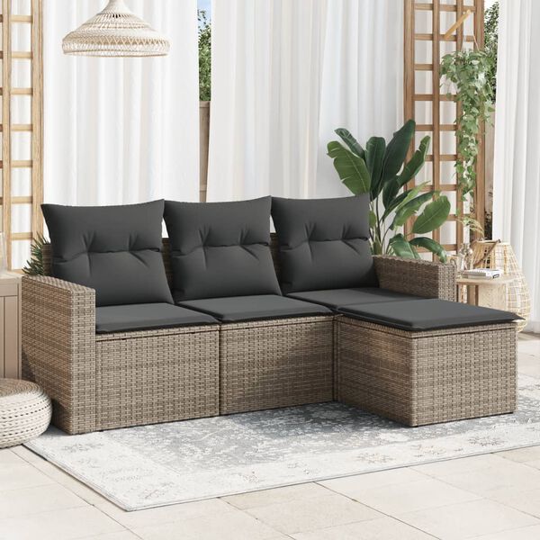 vidaXL 4 Piece Garden Sofa Set with Cushions Grey Poly Rattan