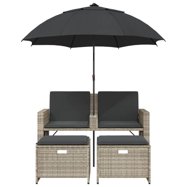 vidaXL Garden Sofa 2-Seater with Parasol and Stools Light Grey Poly Rattan