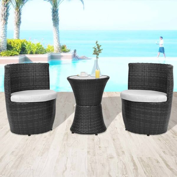 vidaXL 3 Piece Bistro Set with Cushions Poly Rattan Black