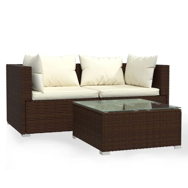 vidaXL 3 Piece Garden Lounge Set with Cushions Brown Poly Rattan