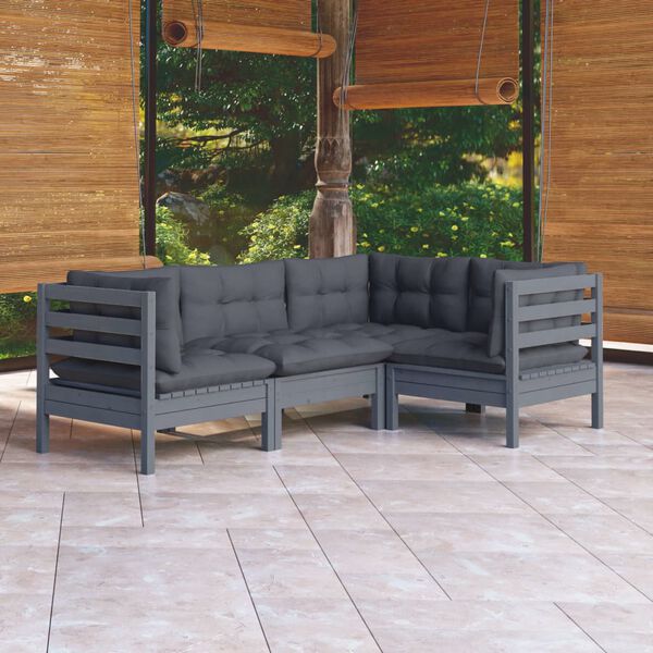 vidaXL 4 Piece Garden Lounge Set with Cushions Grey Pinewood