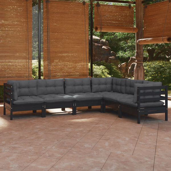 vidaXL 6 Piece Garden Lounge Set with Cushions Black Solid Pinewood