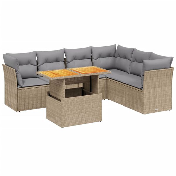 vidaXL 7 Piece Garden Sofa Set with Cushions Beige Poly Rattan