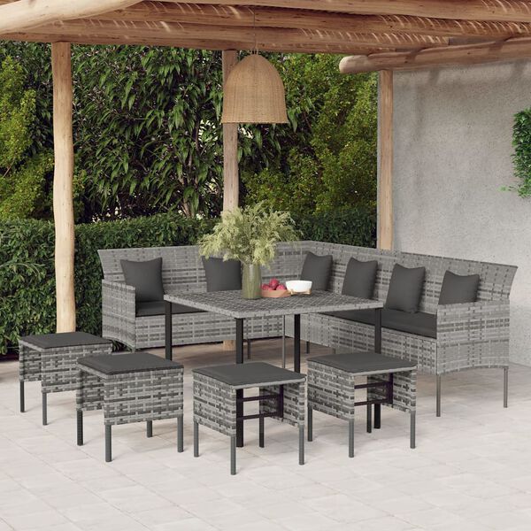 vidaXL 6 Piece Garden Dining Set with Cushions Grey Poly Rattan
