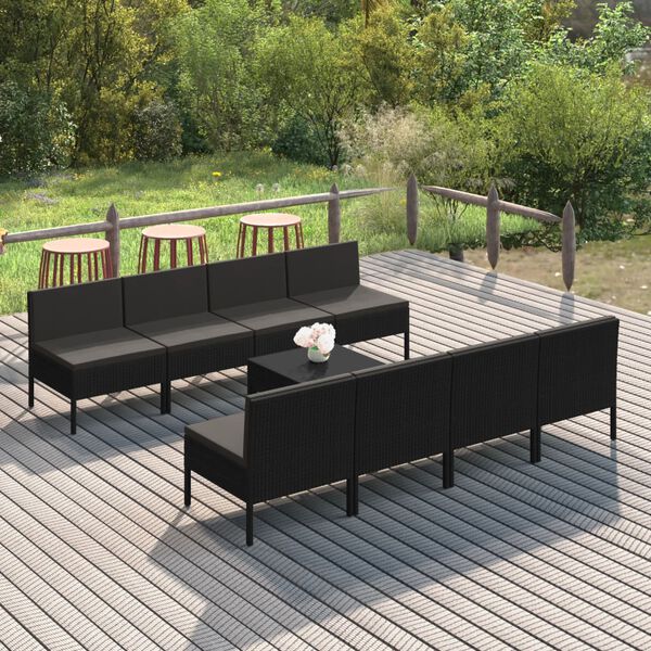 vidaXL 9 Piece Garden Lounge Set with Cushions Poly Rattan Black