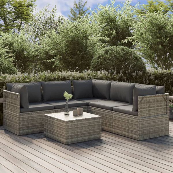 vidaXL 6 Piece Garden Lounge Set with Cushions Grey Poly Rattan