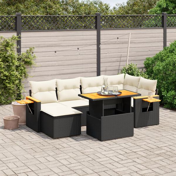 vidaXL 7 Piece Garden Sofa Set with Cushions Black Poly Rattan
