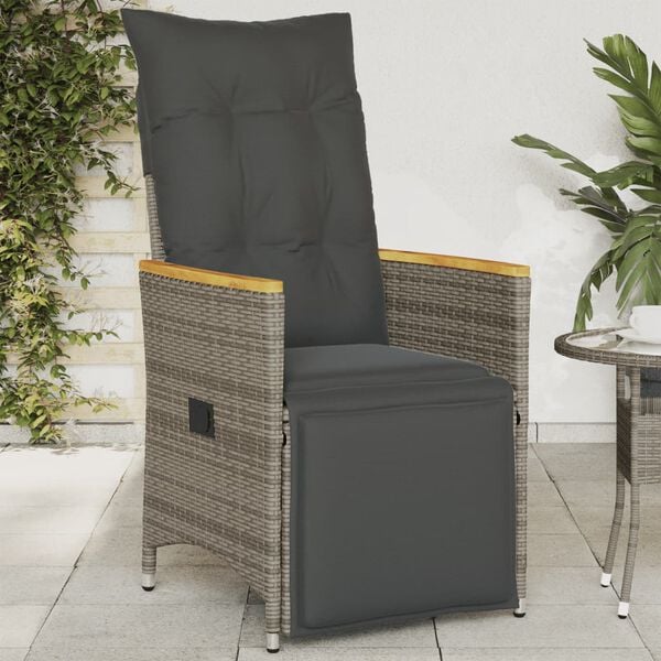 vidaXL Reclining Garden Chair with Cushions Grey Poly Rattan