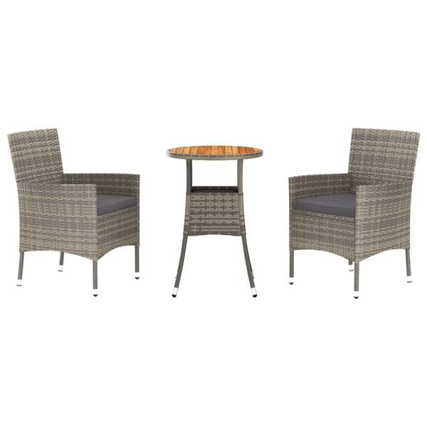 vidaXL 3 Piece Garden Bistro Set with Cushions Grey Poly Rattan