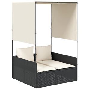 vidaXL Double Sun Lounger with Roof and Curtains Black Poly Rattan