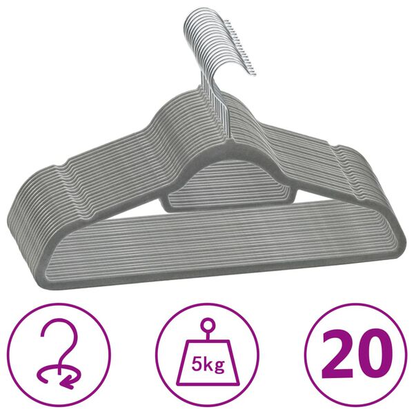 vidaXL 20 pcs Clothes Hanger Set Anti-slip Grey Velvet