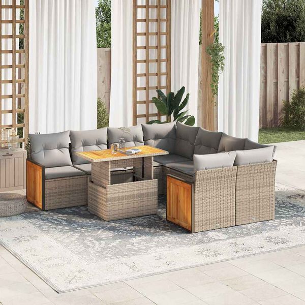 vidaXL 9 Piece Garden Sofa Set with Cushions Beige Poly Rattan Acacia