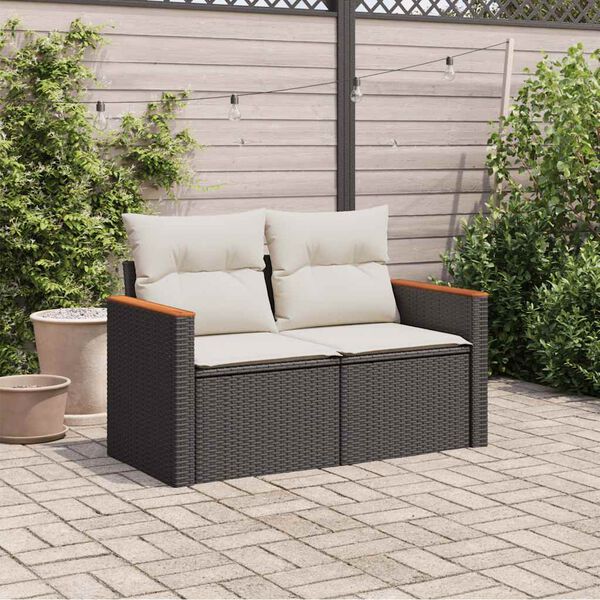 vidaXL Garden Sofa with Cushions 2-Seater Black Poly Rattan