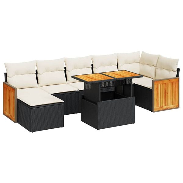 vidaXL 8 Piece Garden Sofa Set with Cushions Black Poly Rattan Acacia