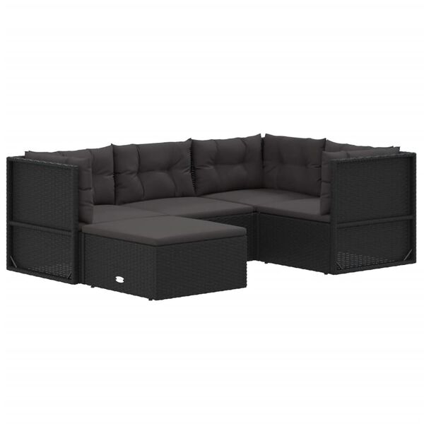 vidaXL 5 Piece Garden Lounge Set with Cushions Black Poly Rattan
