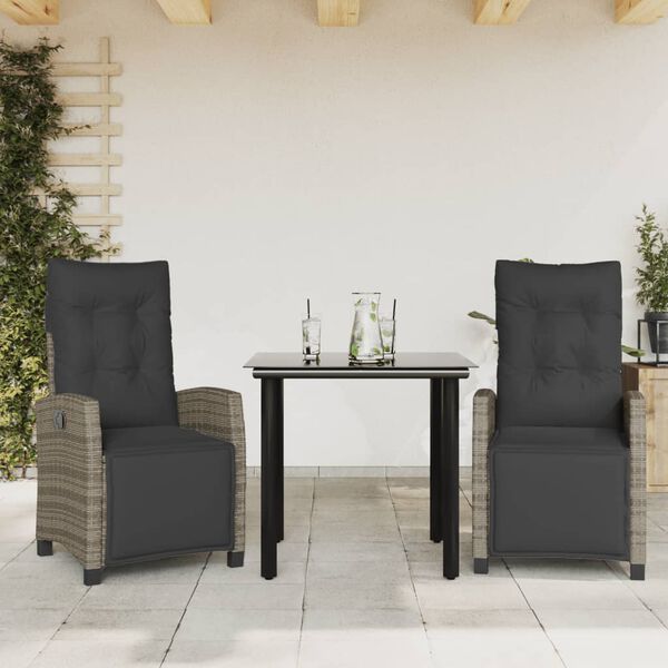 vidaXL 3 Piece Garden Dining Set with Cushions Grey Poly Rattan