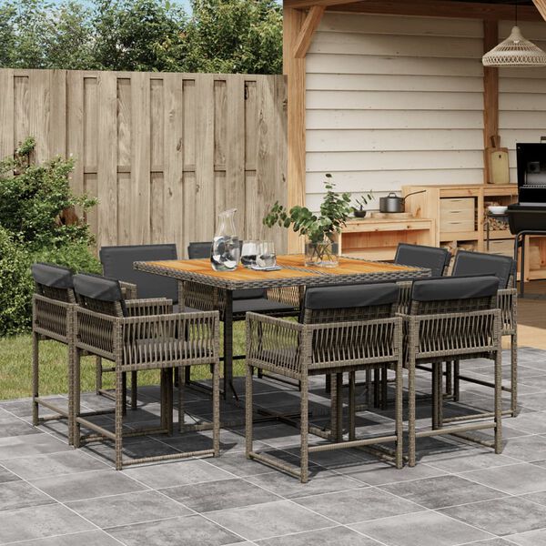 vidaXL 9 Piece Garden Dining Set with Cushions Grey Poly Rattan