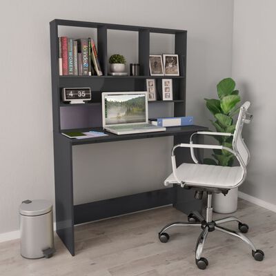 vidaXL Desk with Shelves High Gloss Grey 110x45x157 cm Engineered Wood