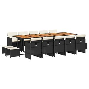 vidaXL 15 Piece Garden Dining Set with Cushions Black Poly Rattan