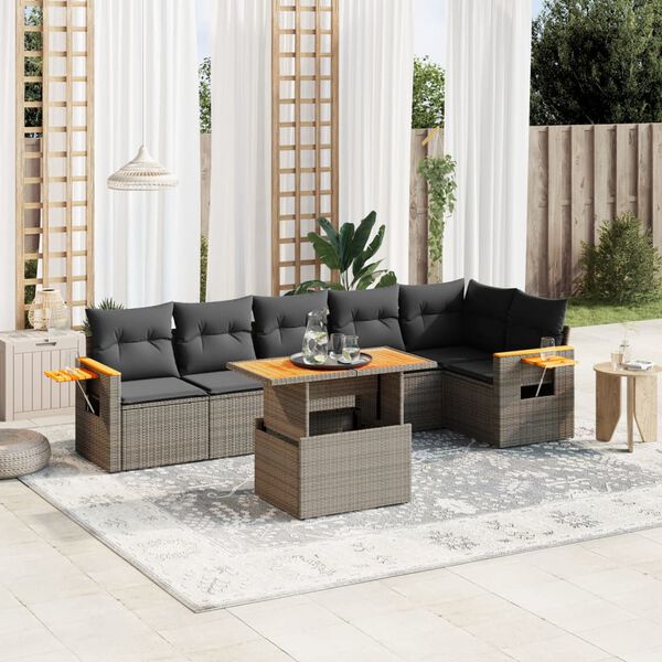vidaXL 7 Piece Garden Sofa Set with Cushions Grey Poly Rattan