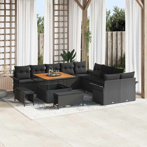 vidaXL Garden Sofa Set with Cushion 13 pcs Black Poly Rattan