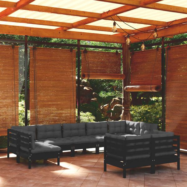 vidaXL 9 Piece Garden Lounge Set with Cushions Black Solid Pinewood