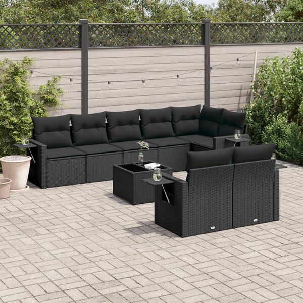 vidaXL 9 Piece Garden Sofa Set with Cushions Black Poly Rattan