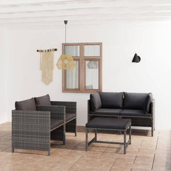 vidaXL 5 Piece Garden Lounge Set with Cushions Poly Rattan Grey