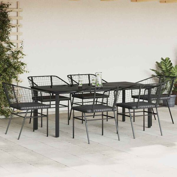 vidaXL 7 Piece Garden Dining Set with Cushions Black Poly Rattan Glass