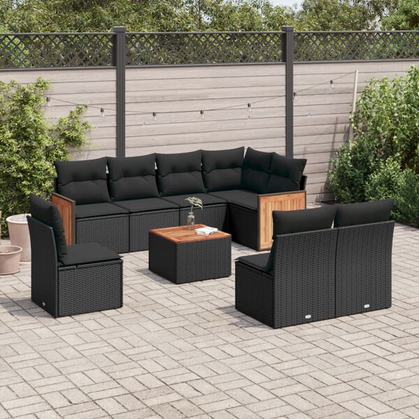 vidaXL 9 Piece Garden Sofa Set with Cushions Black Poly Rattan