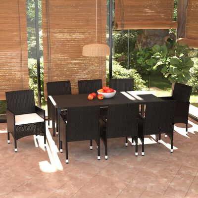 vidaXL 9 Piece Garden Dining Set with Cushions Poly Rattan Black
