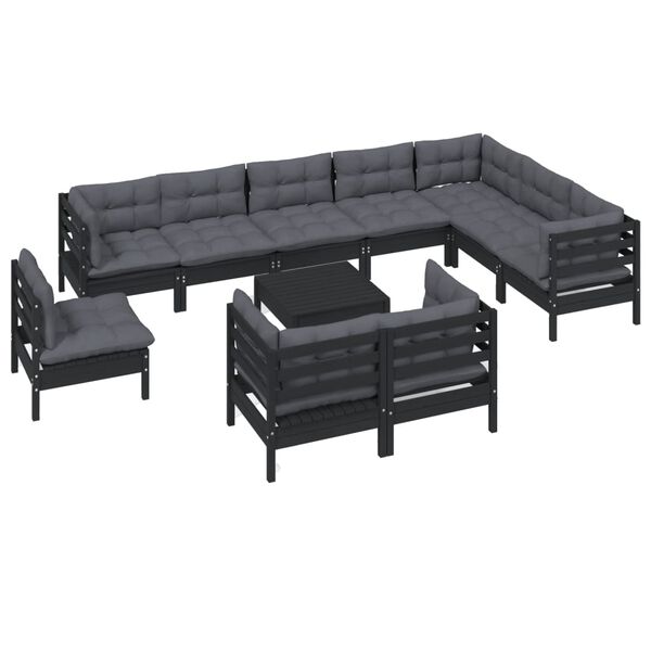 vidaXL 11 Piece Garden Lounge Set with Cushions Black Solid Pinewood