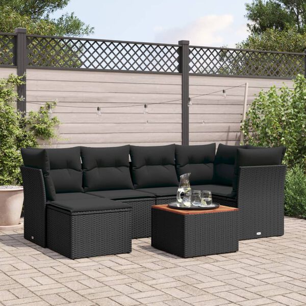 vidaXL 7 Piece Garden Sofa Set with Cushions Black Poly Rattan